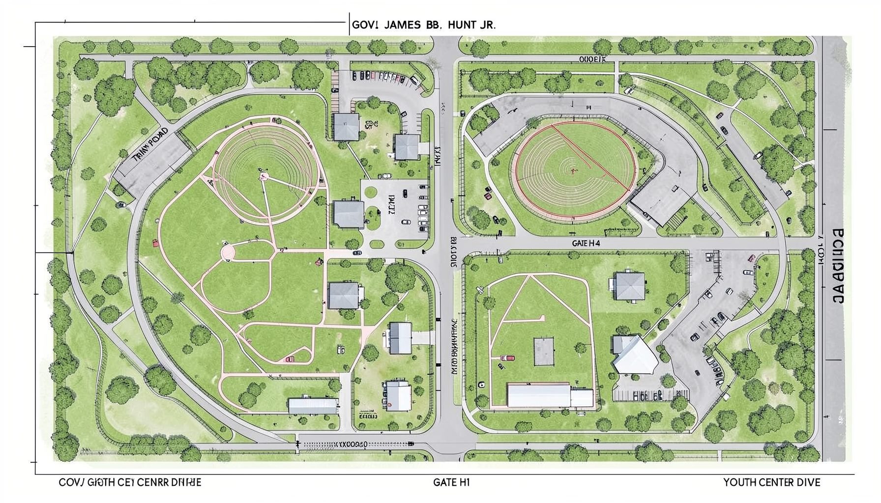 Detailed overhead map of the Gov. James B. Hunt Jr. Horse Complex show grounds showing the arrangement of competition rings, barns, and parking areas