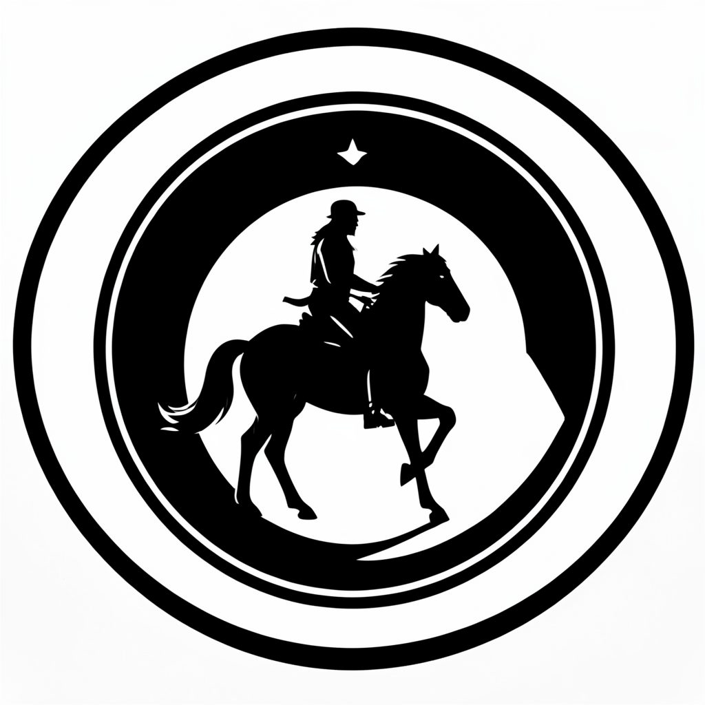 Circular emblem in black and white with a stylized horse-and-rider motif, centered as a logo mark